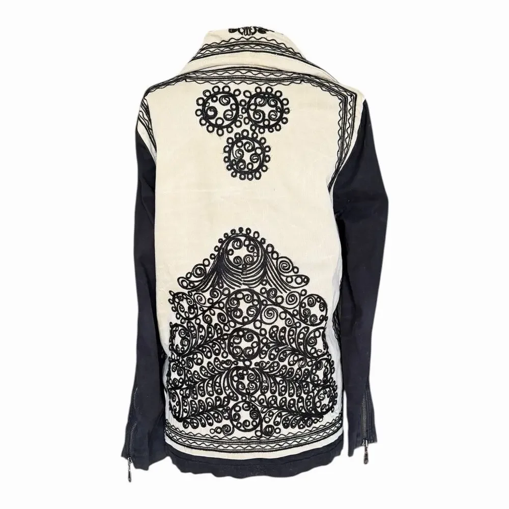 Free People Stitched Quills Embroidered Cream Black Jacket Boho Small Western